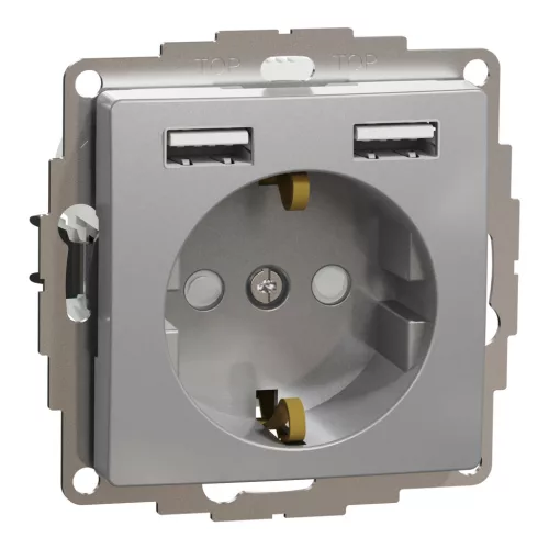 Schneider SEDNA 2p+f csatlakozóaljzat, BZS, kettős USB töltővel, rugós, 16A/2.4A, alumínium