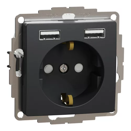 Schneider SEDNA 2p+f csatlakozóaljzat, BZS, kettős USB töltővel, rugós, 16A/2.4A, antracit