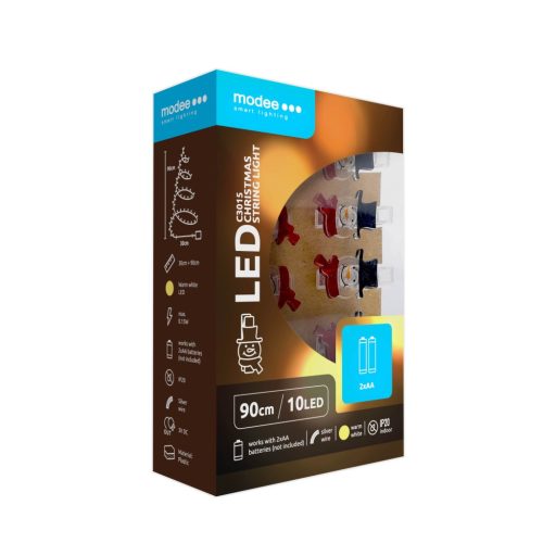 Modee Karácsonyi LED Füzér Dekor Elemes + Csipesz C3015 (10LED/90cm/10cm) warm