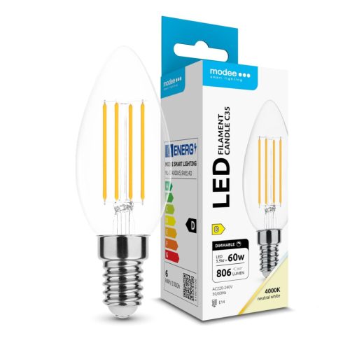 Modee LED Izzó Filament Gyertya C35 5,9W E14 360° 4000K (806 lumen) dimm. ERP