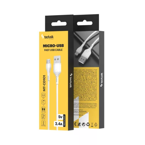 Technik Töltő-és Adatkábel PVC USB-A / Micro USB 5V 2,4A 1m Fehér