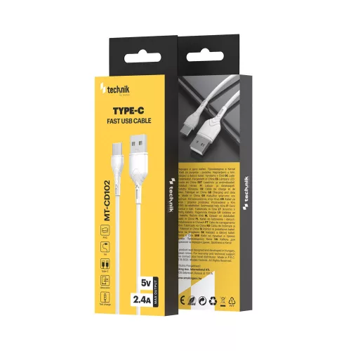 Technik Töltő-és Adatkábel PVC USB-A / USB-C 5V 2,4A 1m Fehér