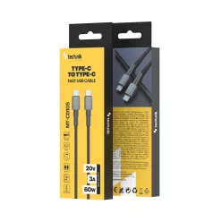   Technik Töltő-és Adatkábel Braided USB-C / USB-C 60W 20V 3A 1m Fekete