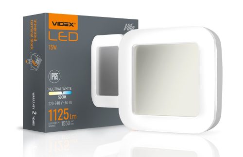 Videx Vika 15 W-os 190x190 mm négyzet alakú natúr fehér fehér mennyezeti lámpa IP65-ös védettségű