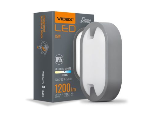 Videx Dana 15 W-os 215x127 mm ovális natúr fehér antracit színű mennyezeti lámpa IP65-ös védettségű