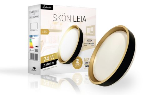 Skön Leia 24 W-os ø400 mm kerek natúr fehér fekete-arany színű mennyezeti lámpa IP20-as védettségű