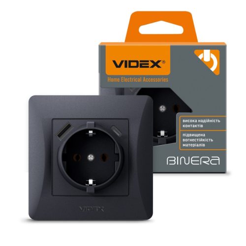 Videx Binera fekete színű süllyesztett földelt csatlakozó aljzat + 1-1 db USB csatlakozóval USB-C csatlakozóval (20/120)