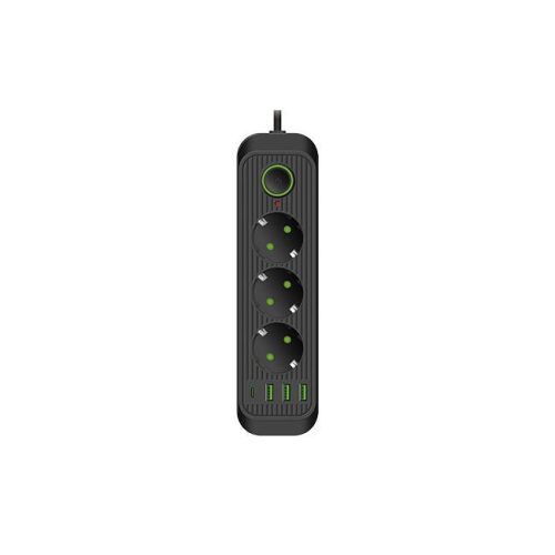 MasterLED Modi fekete színű 3-as hosszabító 2m-es kábellel 3 x USB 1 x USB-C