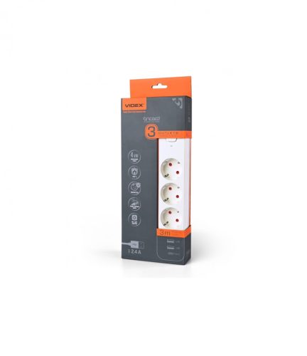 Videx Oncord fehér színű 3-as professzionális hosszabbító kapcsolóval 3m-es kábellel 2 x USB + 1 x USB-C