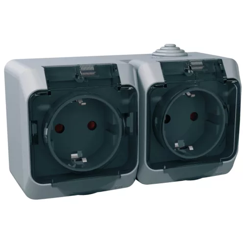 CEDAR PLUS 2x2P+F csatlakozóaljzat, biztonsági zsaluval, átlátszó csapófedéllel, IP44, szürke